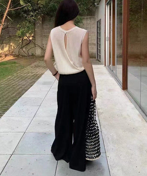 サマーニットタンクトップ 背中開き 夏服 前後2WAYリブニット ノースリーブトップス レディース ラウンドネックプルオーバー バックオープンニットソー きれいめ 80ZHONGYI-002