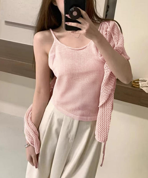 メッシュカーディガン キャミソールセット Uネックニットキャミ 透かし編みカーディガン 薄手ニットアンサンブル リボンカーディガン 長袖ニット着回し春夏服 韓国風 80ZHONGYI-003