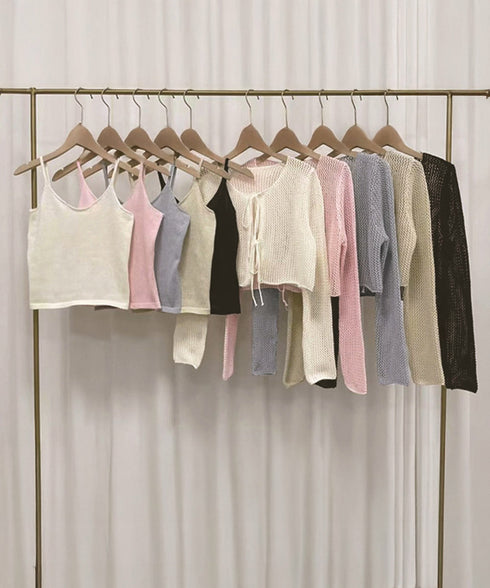 メッシュカーディガン キャミソールセット Uネックニットキャミ 透かし編みカーディガン 薄手ニットアンサンブル リボンカーディガン 長袖ニット着回し春夏服 韓国風 80ZHONGYI-003