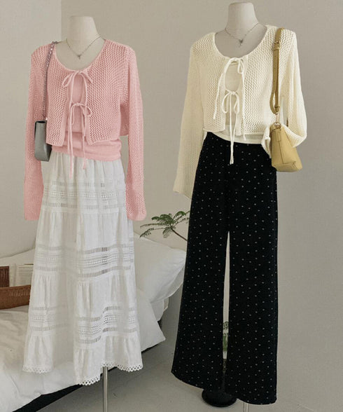 メッシュカーディガン キャミソールセット Uネックニットキャミ 透かし編みカーディガン 薄手ニットアンサンブル リボンカーディガン 長袖ニット着回し春夏服 韓国風 80ZHONGYI-003