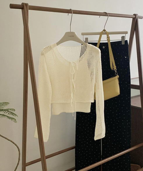 メッシュカーディガン キャミソールセット Uネックニットキャミ 透かし編みカーディガン 薄手ニットアンサンブル リボンカーディガン 長袖ニット着回し春夏服 韓国風 80ZHONGYI-003