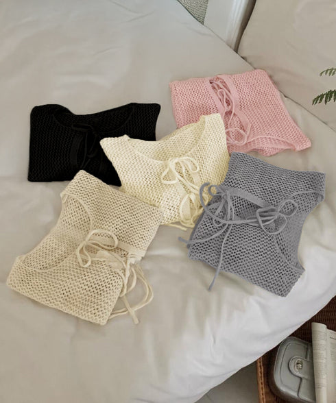 メッシュカーディガン キャミソールセット Uネックニットキャミ 透かし編みカーディガン 薄手ニットアンサンブル リボンカーディガン 長袖ニット着回し春夏服 韓国風 80ZHONGYI-003