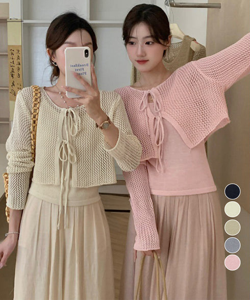 メッシュカーディガン キャミソールセット Uネックニットキャミ 透かし編みカーディガン 薄手ニットアンサンブル リボンカーディガン 長袖ニット着回し春夏服 韓国風 80ZHONGYI-003