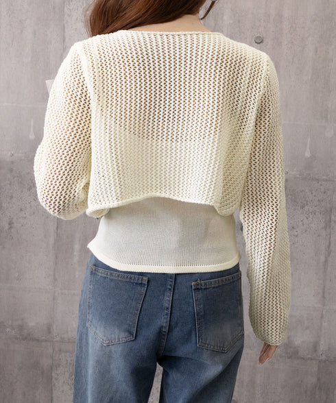 メッシュカーディガン キャミソールセット Uネックニットキャミ 透かし編みカーディガン 薄手ニットアンサンブル リボンカーディガン 長袖ニット着回し春夏服 韓国風 80ZHONGYI-003