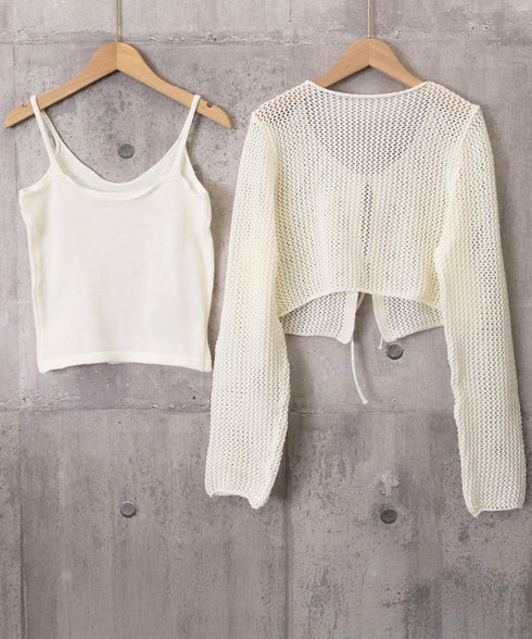 メッシュカーディガン キャミソールセット Uネックニットキャミ 透かし編みカーディガン 薄手ニットアンサンブル リボンカーディガン 長袖ニット着回し春夏服 韓国風 80ZHONGYI-003