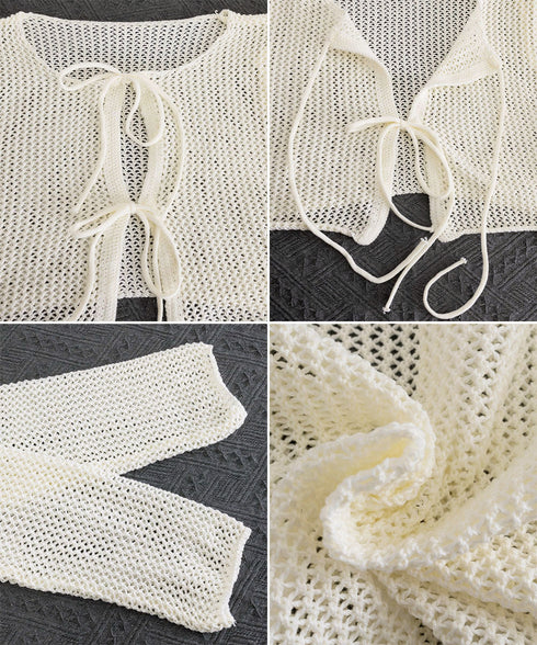 メッシュカーディガン キャミソールセット Uネックニットキャミ 透かし編みカーディガン 薄手ニットアンサンブル リボンカーディガン 長袖ニット着回し春夏服 韓国風 80ZHONGYI-003