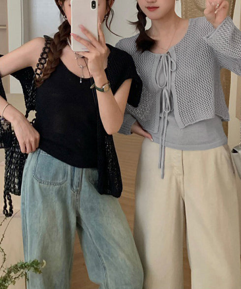 メッシュカーディガン キャミソールセット Uネックニットキャミ 透かし編みカーディガン 薄手ニットアンサンブル リボンカーディガン 長袖ニット着回し春夏服 韓国風 80ZHONGYI-003