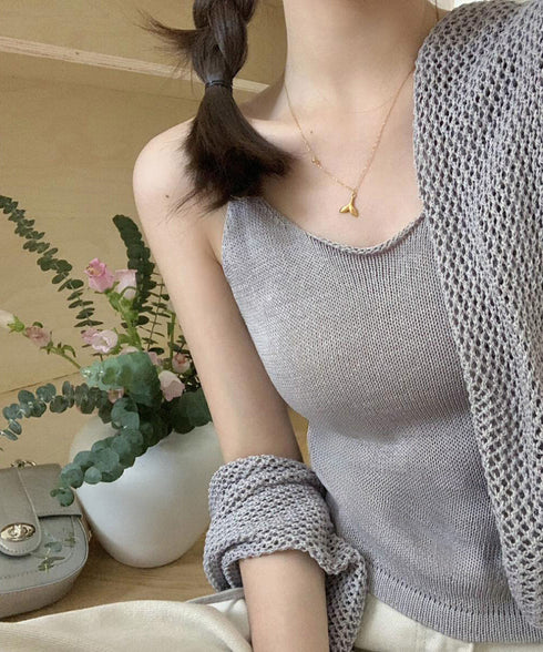 メッシュカーディガン キャミソールセット Uネックニットキャミ 透かし編みカーディガン 薄手ニットアンサンブル リボンカーディガン 長袖ニット着回し春夏服 韓国風 80ZHONGYI-003