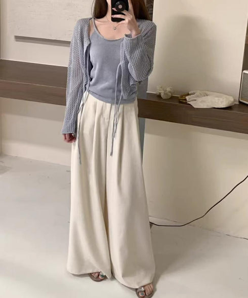 メッシュカーディガン キャミソールセット Uネックニットキャミ 透かし編みカーディガン 薄手ニットアンサンブル リボンカーディガン 長袖ニット着回し春夏服 韓国風 80ZHONGYI-003