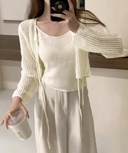 メッシュカーディガン キャミソールセット Uネックニットキャミ 透かし編みカーディガン 薄手ニットアンサンブル リボンカーディガン 長袖ニット着回し春夏服 韓国風 80ZHONGYI-003