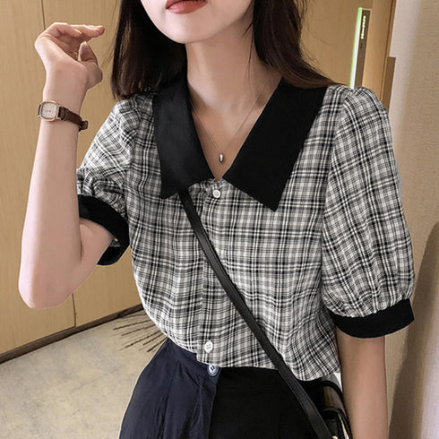 グレンチェック 柄 シャツ ブラウス 夏 パフスリーブ 半袖 レディース トップス 5分袖 襟付き 大人可愛い きれいめ 韓国ファッション 80ZHUIMENG-017