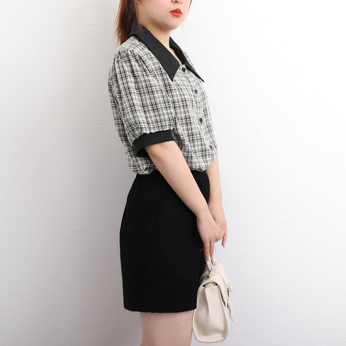 グレンチェック 柄 シャツ ブラウス 夏 パフスリーブ 半袖 レディース トップス 5分袖 襟付き 大人可愛い きれいめ 韓国ファッション 80ZHUIMENG-017