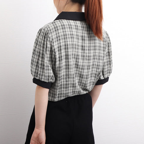 グレンチェック 柄 シャツ ブラウス 夏 パフスリーブ 半袖 レディース トップス 5分袖 襟付き 大人可愛い きれいめ 韓国ファッション 80ZHUIMENG-017