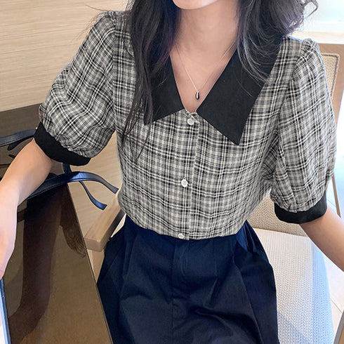 グレンチェック 柄 シャツ ブラウス 夏 パフスリーブ 半袖 レディース トップス 5分袖 襟付き 大人可愛い きれいめ 韓国ファッション 80ZHUIMENG-017