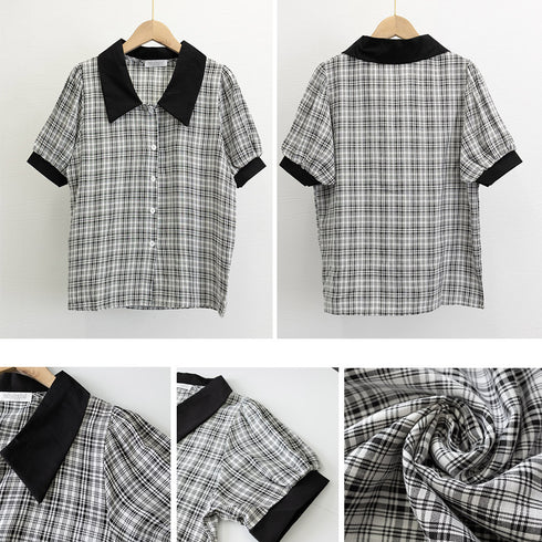 グレンチェック 柄 シャツ ブラウス 夏 パフスリーブ 半袖 レディース トップス 5分袖 襟付き 大人可愛い きれいめ 韓国ファッション 80ZHUIMENG-017