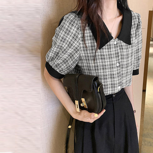 グレンチェック 柄 シャツ ブラウス 夏 パフスリーブ 半袖 レディース トップス 5分袖 襟付き 大人可愛い きれいめ 韓国ファッション 80ZHUIMENG-017