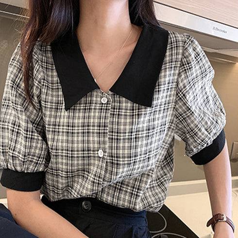 グレンチェック 柄 シャツ ブラウス 夏 パフスリーブ 半袖 レディース トップス 5分袖 襟付き 大人可愛い きれいめ 韓国ファッション 80ZHUIMENG-017