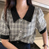グレンチェック 柄 シャツ ブラウス 夏 パフスリーブ 半袖 レディース トップス 5分袖 襟付き 大人可愛い きれいめ 韓国ファッション 80ZHUIMENG-017