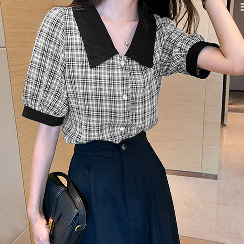 グレンチェック 柄 シャツ ブラウス 夏 パフスリーブ 半袖 レディース トップス 5分袖 襟付き 大人可愛い きれいめ 韓国ファッション 80ZHUIMENG-017