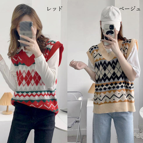 総柄ニットベスト レディース レトロ秋冬 重ね着 韓国風 ニットトップス カジュアル vネックセーター ゆったり ニットチョッキ プルオーバー 20代30代学院風 80ZHUIMENG-023