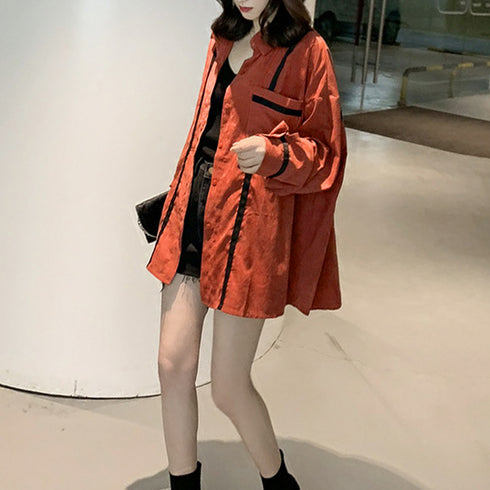 シャツブラウス 長袖 レディース 春秋夏 バイカラー 開襟シャツ 着やせ おしゃれトップス カジュアル ライン入り カーディガン ゆったり ロングシャツ体型カバー 80ZIRMEI-001