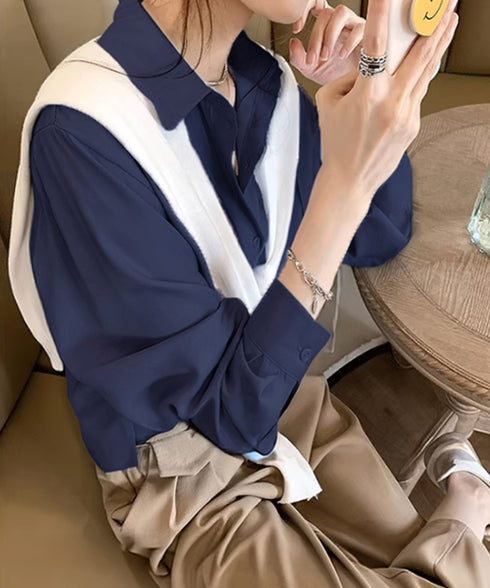 シャツブラウス 襟付き 長袖 レディース 大人かわいい トップス オフィスカジュアル Vネックシャツ 体型カバー 春秋夏服 着やせ ゆったりブラウス 無地 韓国風 81KAISL-005