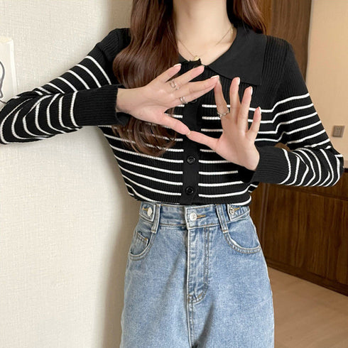 ボーダー柄 ニット トップス レディース ニットソー ボーダー柄 長袖 ボタン ニット カーディガン 前開き 開襟 着回しニット カジュアル 春秋冬 81DLBY-006