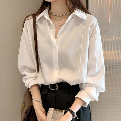 シャツブラウス 襟付き 長袖 レディース トップス オフィスカジュアル Vネックシャツ 春秋夏 長袖 体型カバー 着やせ 無地 ゆったりブラウス 81KAISL-005