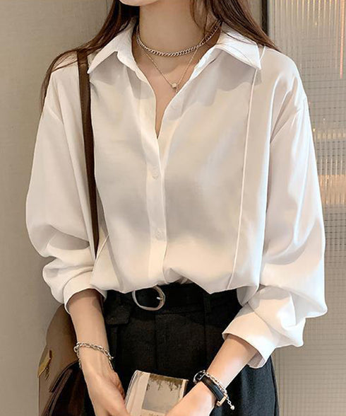 シャツブラウス 襟付き 長袖 レディース 大人かわいい トップス オフィスカジュアル Vネックシャツ 体型カバー 春秋夏服 着やせ ゆったりブラウス 無地 韓国風 81KAISL-005