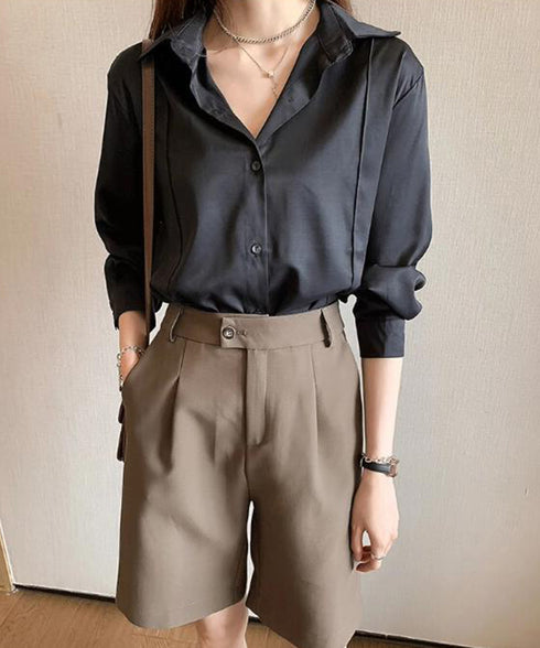 シャツブラウス 襟付き 長袖 レディース 大人かわいい トップス オフィスカジュアル Vネックシャツ 体型カバー 春秋夏服 着やせ ゆったりブラウス 無地 韓国風 81KAISL-005