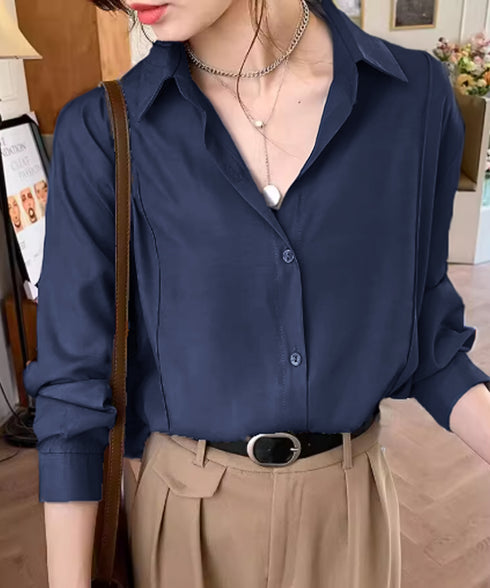 シャツブラウス 襟付き 長袖 レディース 大人かわいい トップス オフィスカジュアル Vネックシャツ 体型カバー 春秋夏服 着やせ ゆったりブラウス 無地 韓国風 81KAISL-005