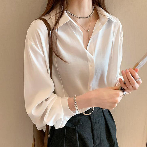 シャツブラウス 襟付き 長袖 レディース トップス オフィスカジュアル Vネックシャツ 春秋夏 長袖 体型カバー 着やせ 無地 ゆったりブラウス 81KAISL-005