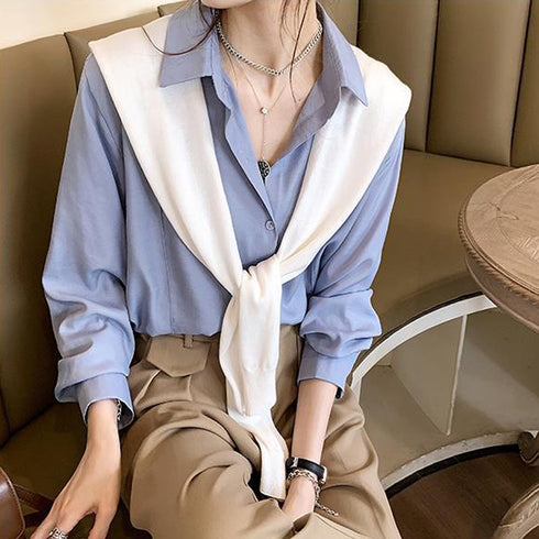 シャツブラウス 襟付き 長袖 レディース トップス オフィスカジュアル Vネックシャツ 春秋夏 長袖 体型カバー 着やせ 無地 ゆったりブラウス 81KAISL-005