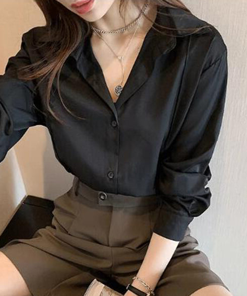 シャツブラウス 襟付き 長袖 レディース 大人かわいい トップス オフィスカジュアル Vネックシャツ 体型カバー 春秋夏服 着やせ ゆったりブラウス 無地 韓国風 81KAISL-005