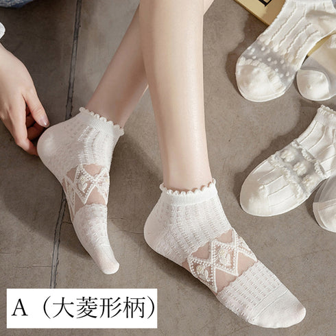 シースルーソックス 花柄 レース女性用 おしゃれ 涼しい アンクル丈 レディース 婦人靴下 薄手 通気性 ショートソックス カジュアル 透け感 通勤 通学 82XJ-001