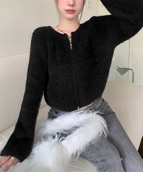 ダブルジップ シャギーニット ショート丈 レディースふわふわニットトップス 韓国風 柔らかミンクタッチ ニットカーディガン 春秋冬 大人可愛いニットセーターお洒落 83CHENXN-007