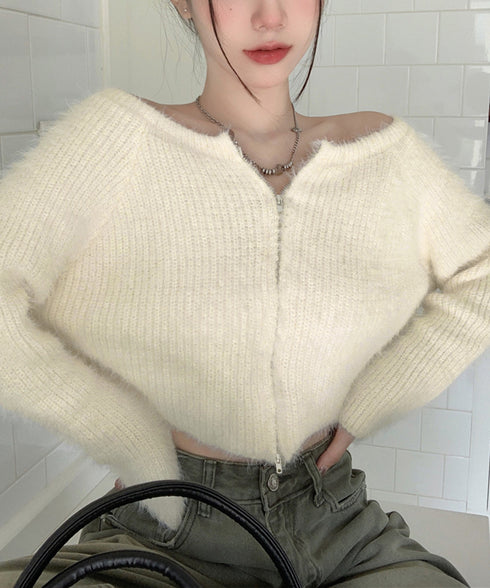 ダブルジップ シャギーニット ショート丈 レディースふわふわニットトップス 韓国風 柔らかミンクタッチ ニットカーディガン 春秋冬 大人可愛いニットセーターお洒落 83CHENXN-007