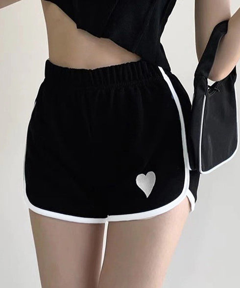 ハートポイントショートパンツ 夏服部屋着 レディース ハイウエストショーパン ワンポイント 着やせ短パン カジュアルスポーツパンツ リラックススウェット服 運動着 83CWSLF-001