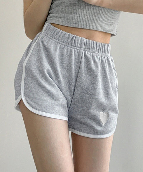 ハートポイントショートパンツ 夏服部屋着 レディース ハイウエストショーパン ワンポイント 着やせ短パン カジュアルスポーツパンツ リラックススウェット服 運動着 83CWSLF-001