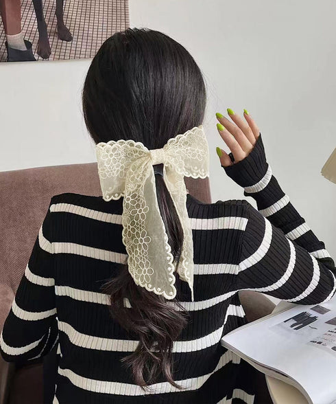 レースリボンバレッタ刺しゅうヘアクリップ 大人可愛いシアー髪飾り ロングクリップ 簡単ヘアアレンジ 韓国風大きめバレッタ エレガントフレンチガーリーヘアピンお洒落 83DIANQIAO-001