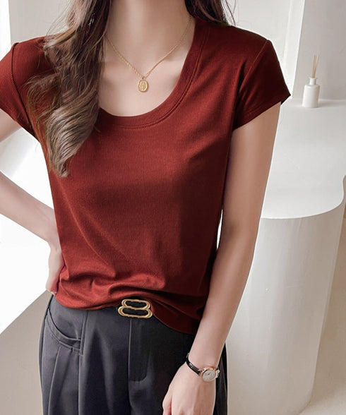 UネックTシャツ レディース 半袖 夏服 ベーシック リブtシャツ サマーカットソー 無地 着回し夏t 大人カジュアル 快適プルオーバー 涼しげトップス柔らかな 83FENGSE-002