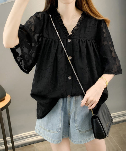 Vネックフリルブラウス 花柄刺しゅう夏服 レディース 半袖薄手 シャツブラウス 体型カバートップス きれいめ 大人可愛い フェミニン服 着やせ 人気ゆったりシャツ 83FENYUN-001