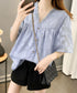 Vネックフリルブラウス 花柄刺しゅう夏服 レディース 半袖薄手 シャツブラウス 体型カバートップス きれいめ 大人可愛い フェミニン服 着やせ 人気ゆったりシャツ 83FENYUN-001