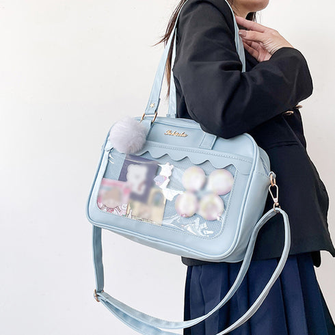 痛バッグ ショルダースクールバッグ高校生 可愛い 2WAY スクールBAG 肩掛け PUレザー 斜め掛けかばん クリア 学生カバン トートバッグ通学バッグA4韓国 83HANC-001