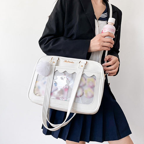 痛バッグ ショルダースクールバッグ高校生 可愛い 2WAY スクールBAG 肩掛け PUレザー 斜め掛けかばん クリア 学生カバン トートバッグ通学バッグA4韓国 83HANC-001