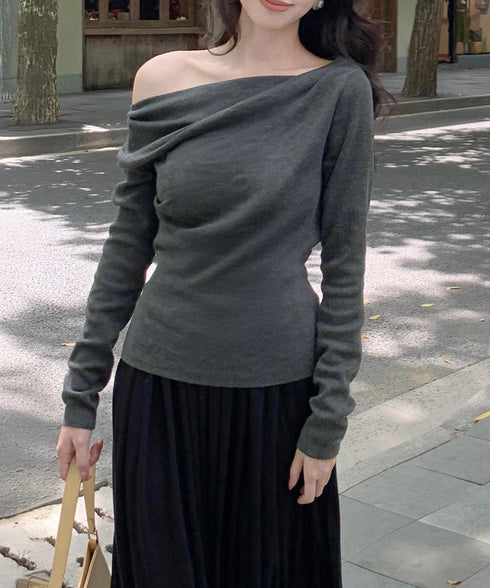 オフショルニットトップスサイドタック長袖 2way ニットソー レディース オフショルダーニットプルオーバー フェミニン 春秋服 ギャザーニットセーターオルチャン 83HTAO-004