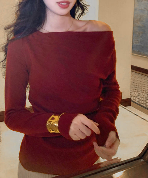 オフショルニットトップスサイドタック長袖 2way ニットソー レディース オフショルダーニットプルオーバー フェミニン 春秋服 ギャザーニットセーターオルチャン 83HTAO-004