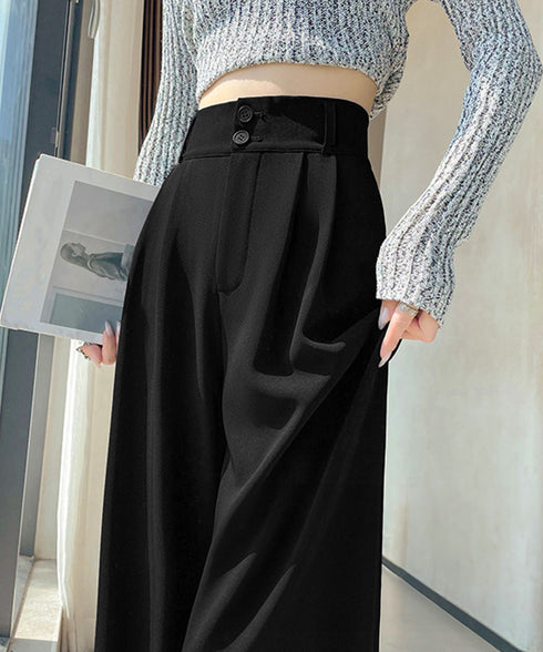 ワイドパンツ ツータックスラックスパンツ レディース ダブルボタンストレートパンツ オフィスカジュアル 着やせロングパンツ ハイウエストイージーパンツ バックゴム 83JIAYANG-001
