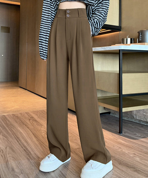 ワイドパンツ ツータックスラックスパンツ レディース ダブルボタンストレートパンツ オフィスカジュアル 着やせロングパンツ ハイウエストイージーパンツ バックゴム 83JIAYANG-001