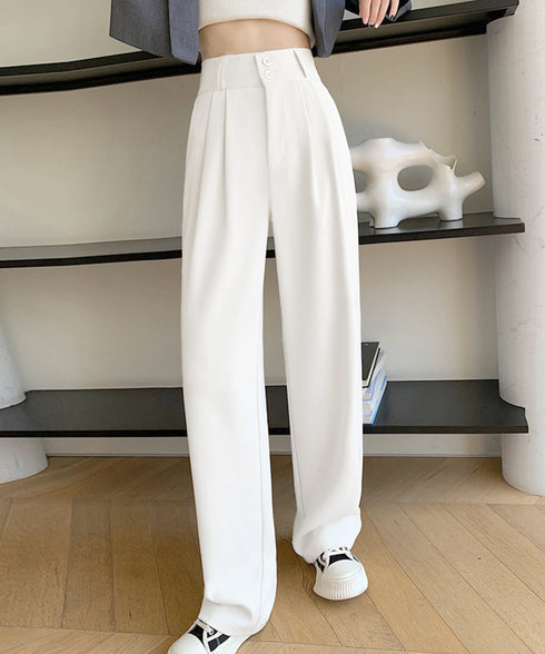 ワイドパンツ ツータックスラックスパンツ レディース ダブルボタンストレートパンツ オフィスカジュアル 着やせロングパンツ ハイウエストイージーパンツ バックゴム 83JIAYANG-001